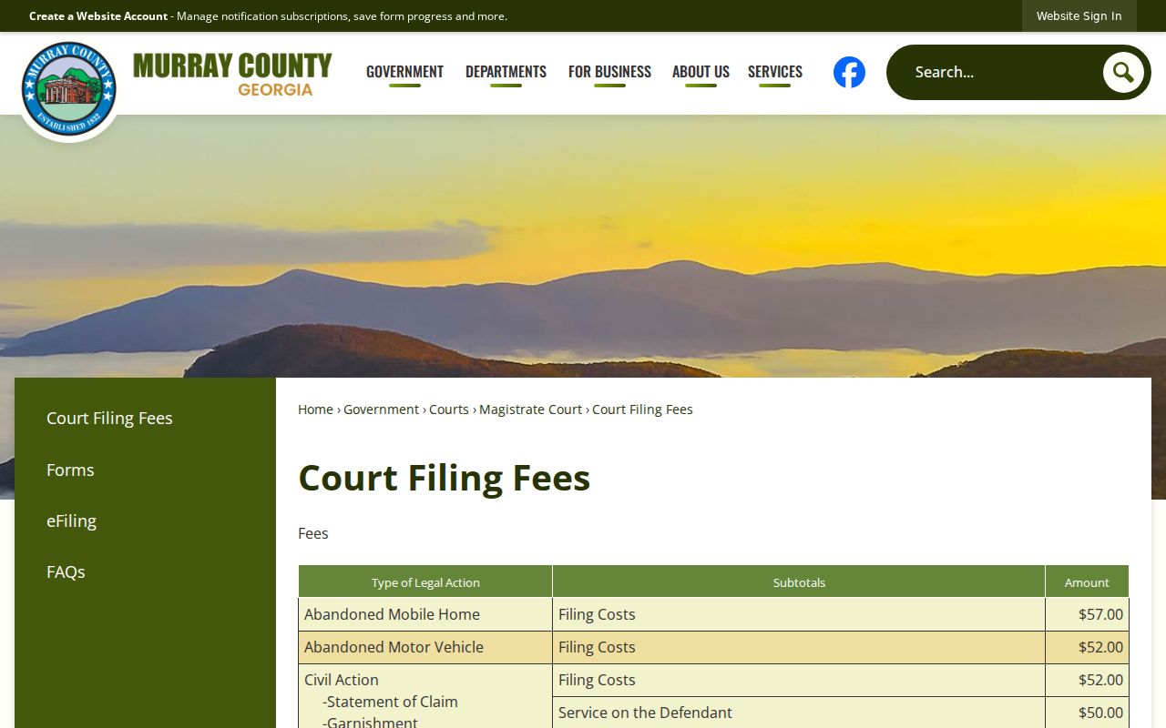 Murray County court filing and certified copy fee page